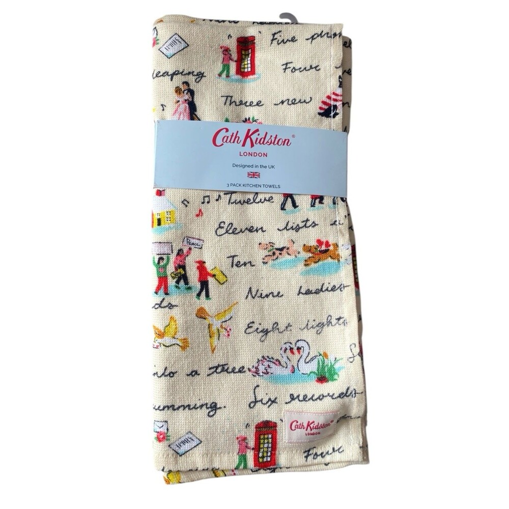 Cath Kidston 12 Days of Christmas Kitchen Towels Set of 3 Cream 18”x28” NWT